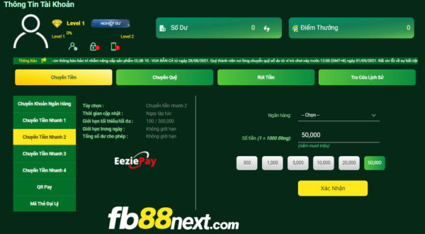 Gửi tiền FB88 nhanh chóng qua dịch vụ chuyển tiền EeziePay